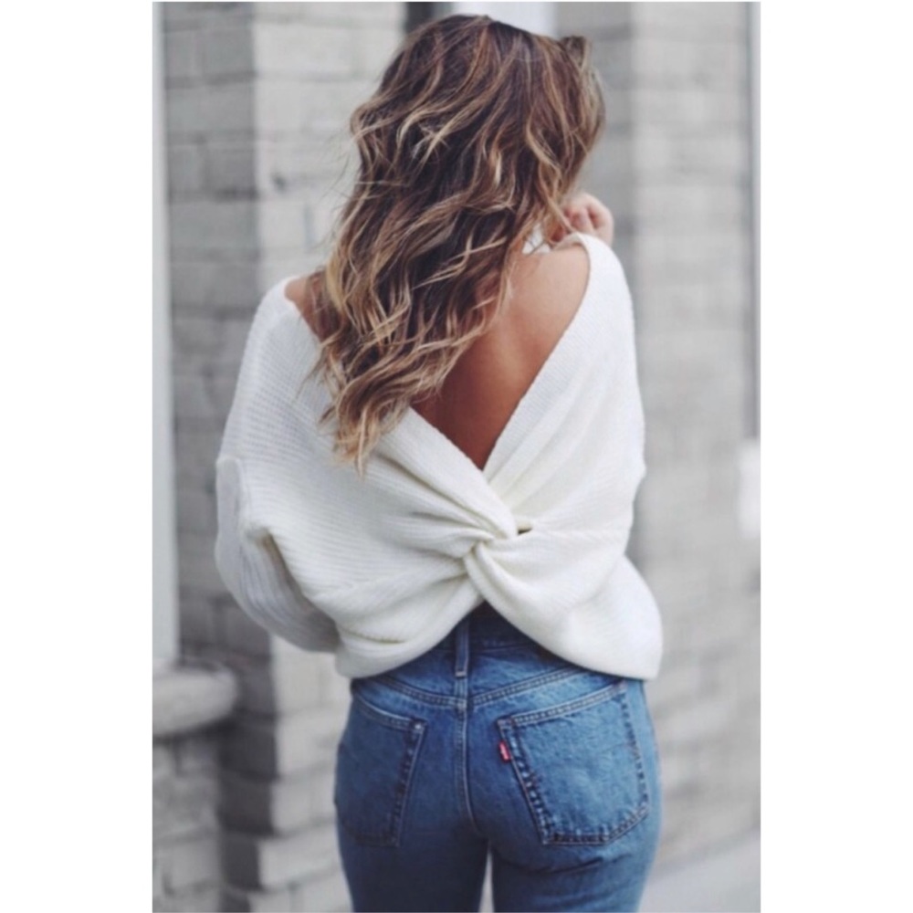 Ivory Knotted Back Twist Sweater S M L - Picture 1 of 2